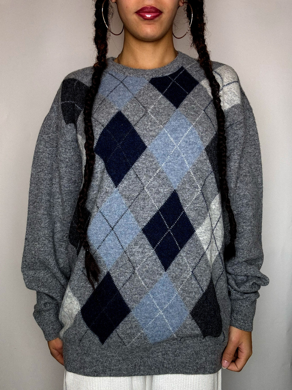 Pull col rond carreaux gris  L vintage