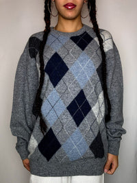 Pull col rond carreaux gris  L vintage