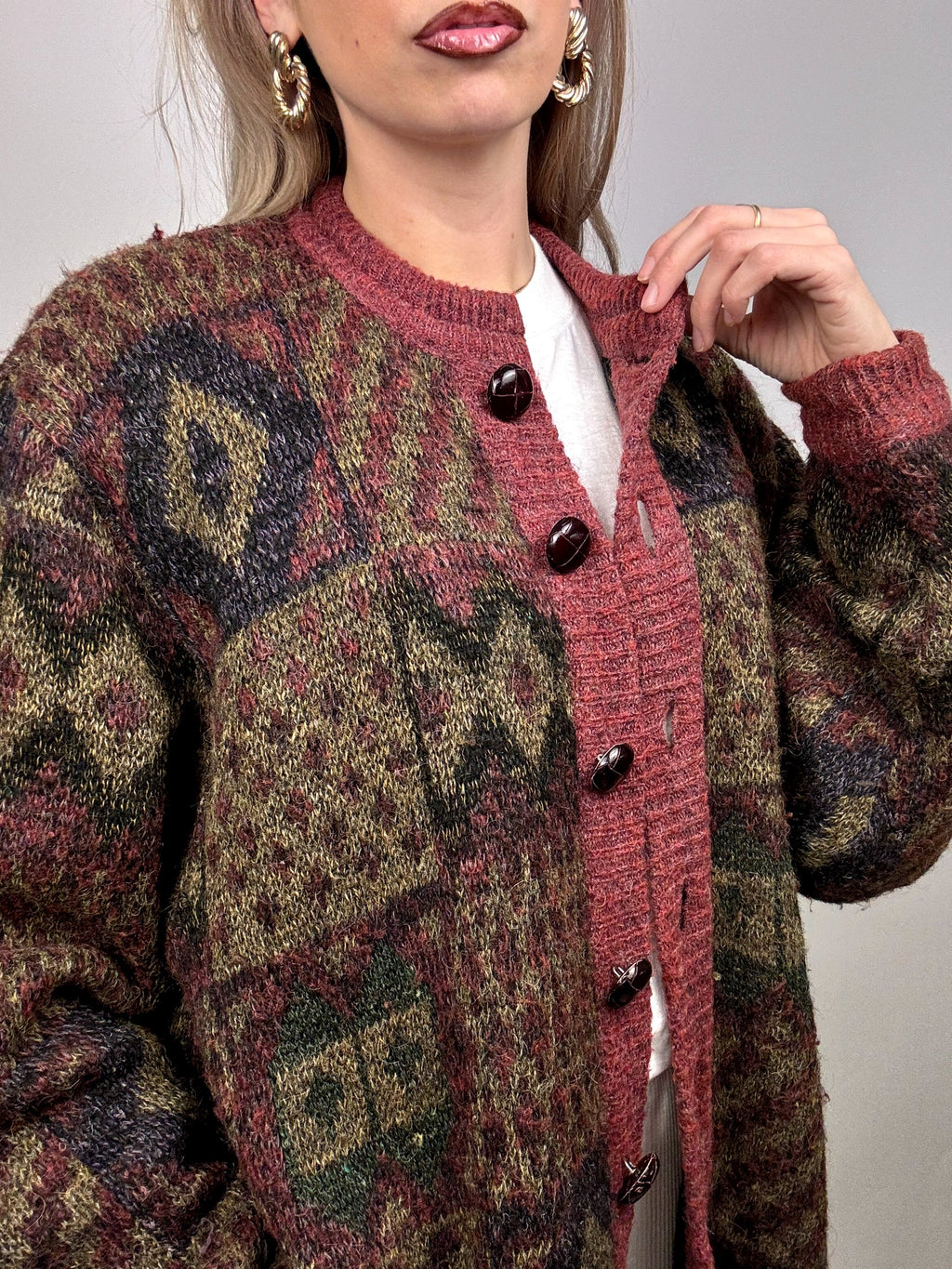 Vintage XL patterned burgundy wool bomber jacket