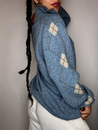 Pull col cheminée bleu avec détails L vintage