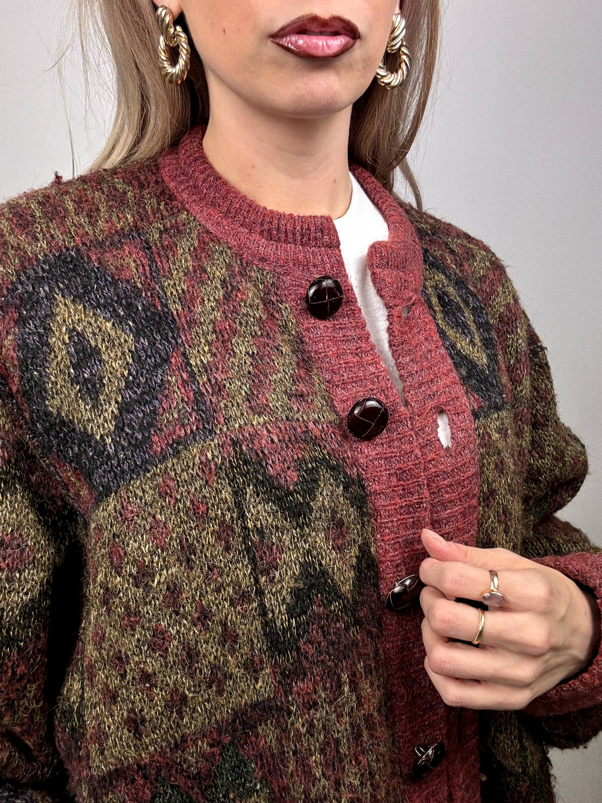 Vintage XL patterned burgundy wool bomber jacket