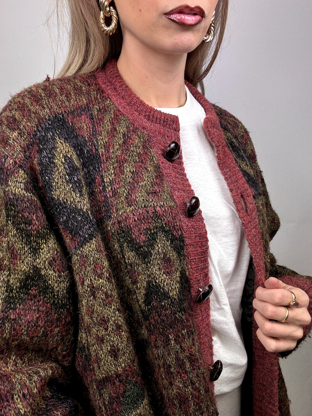 Vintage XL patterned burgundy wool bomber jacket