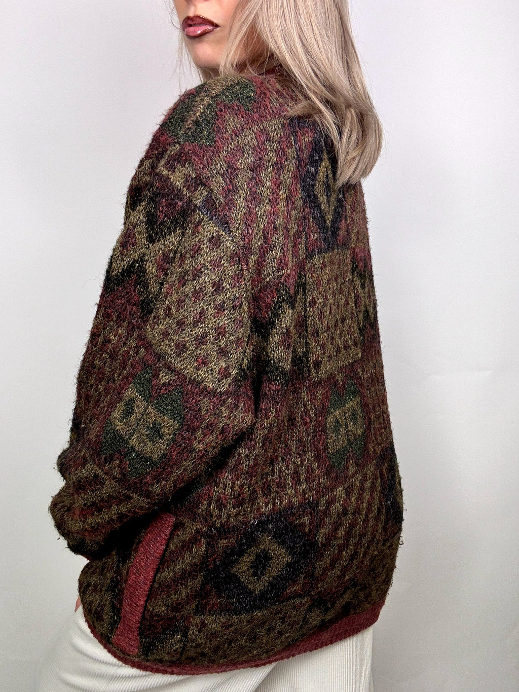 Vintage XL patterned burgundy wool bomber jacket