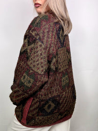 Vintage XL patterned burgundy wool bomber jacket