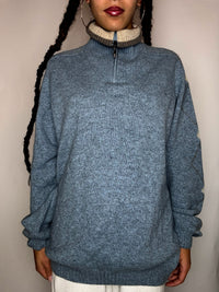 Pull col cheminée bleu avec détails L vintage