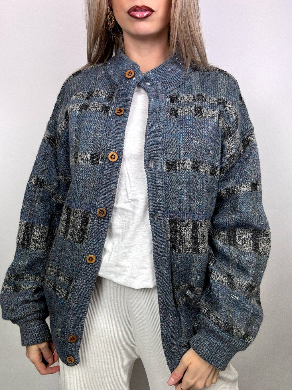 Blue/grey wool bomber jacket with vintage XL pattern