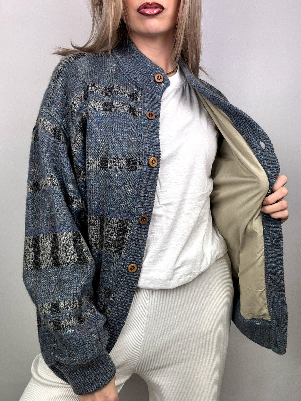 Blue/grey wool bomber jacket with vintage XL pattern