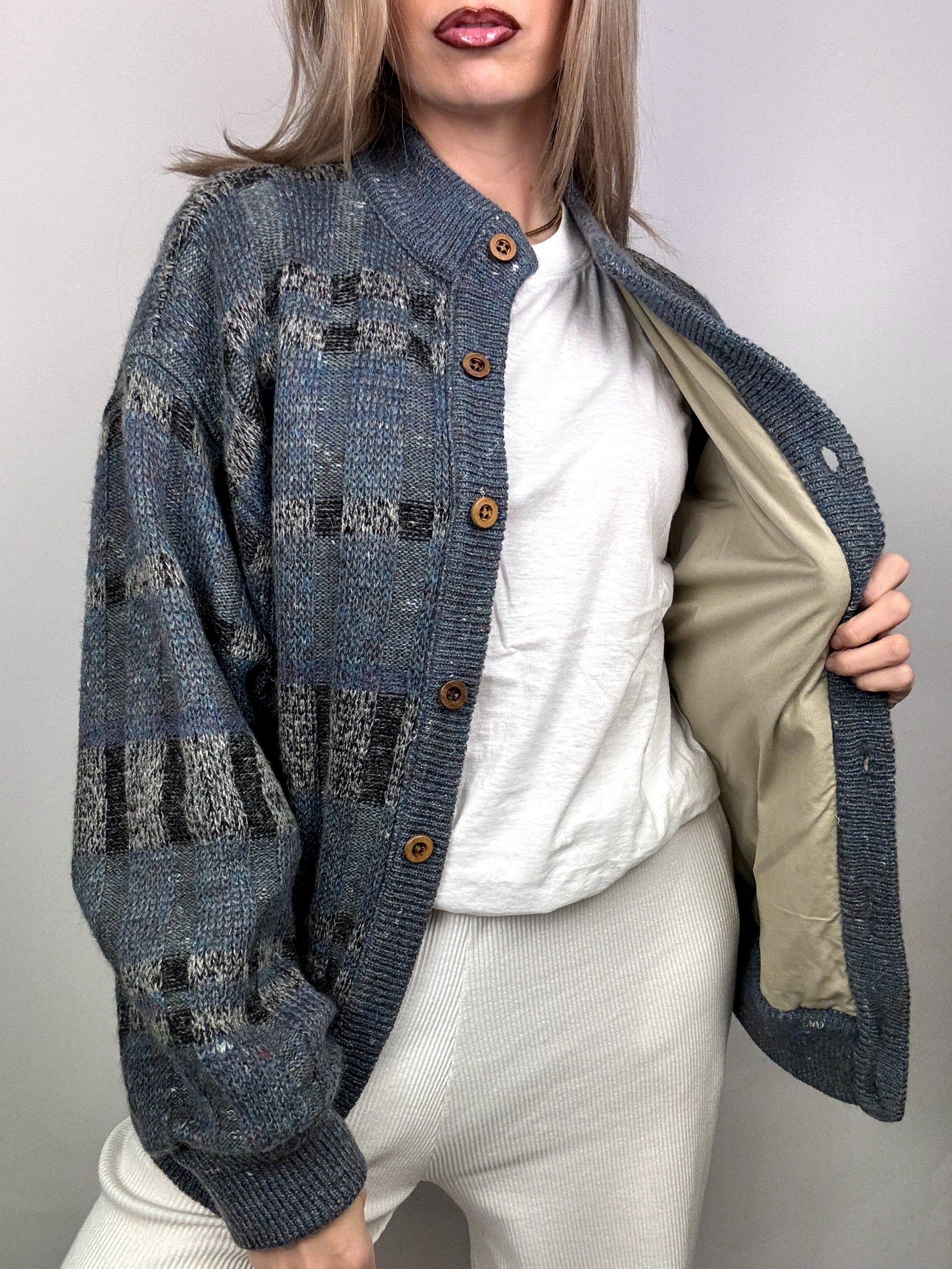 Blue/grey wool bomber jacket with vintage XL pattern