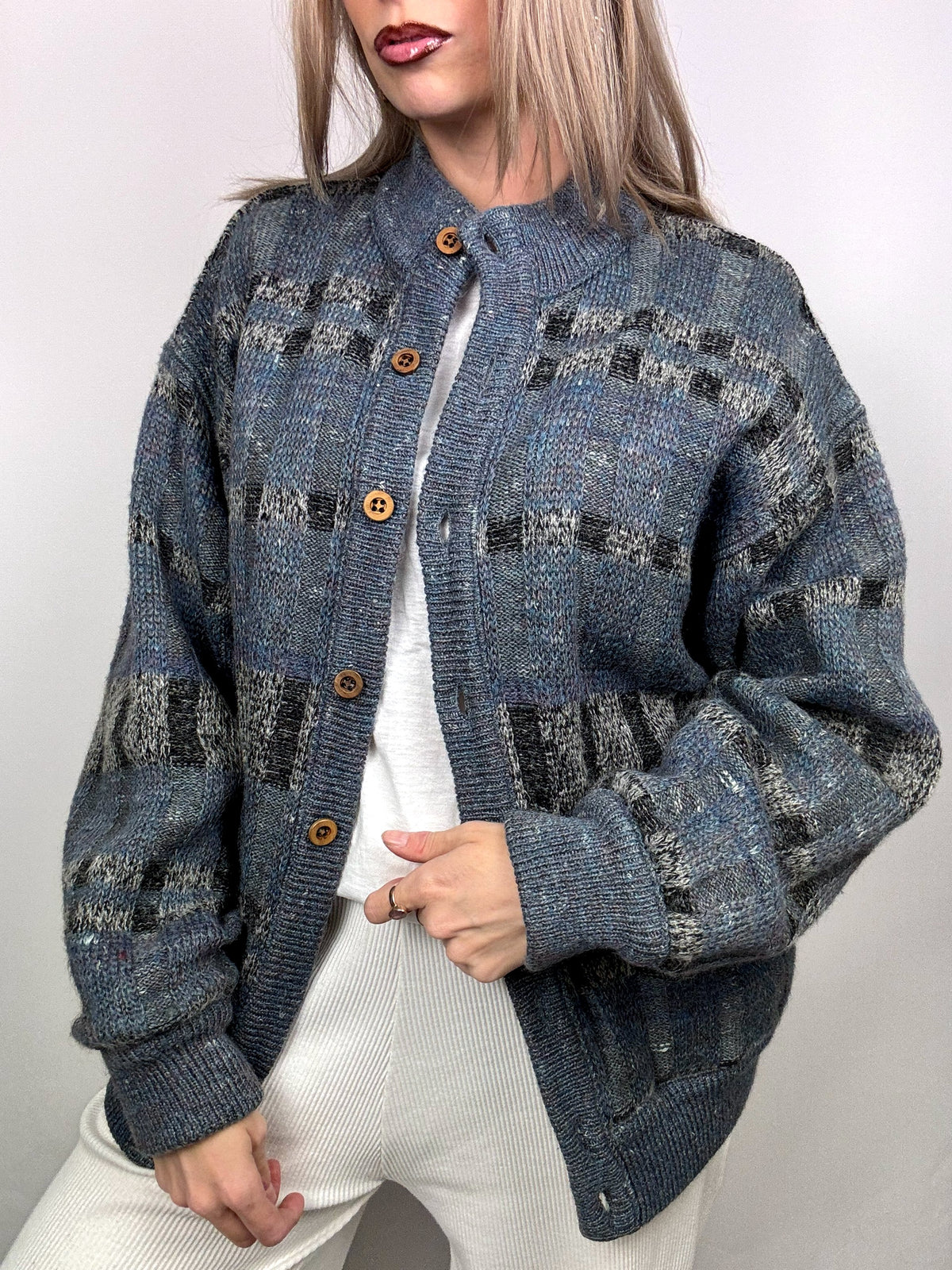 Blue/grey wool bomber jacket with vintage XL pattern