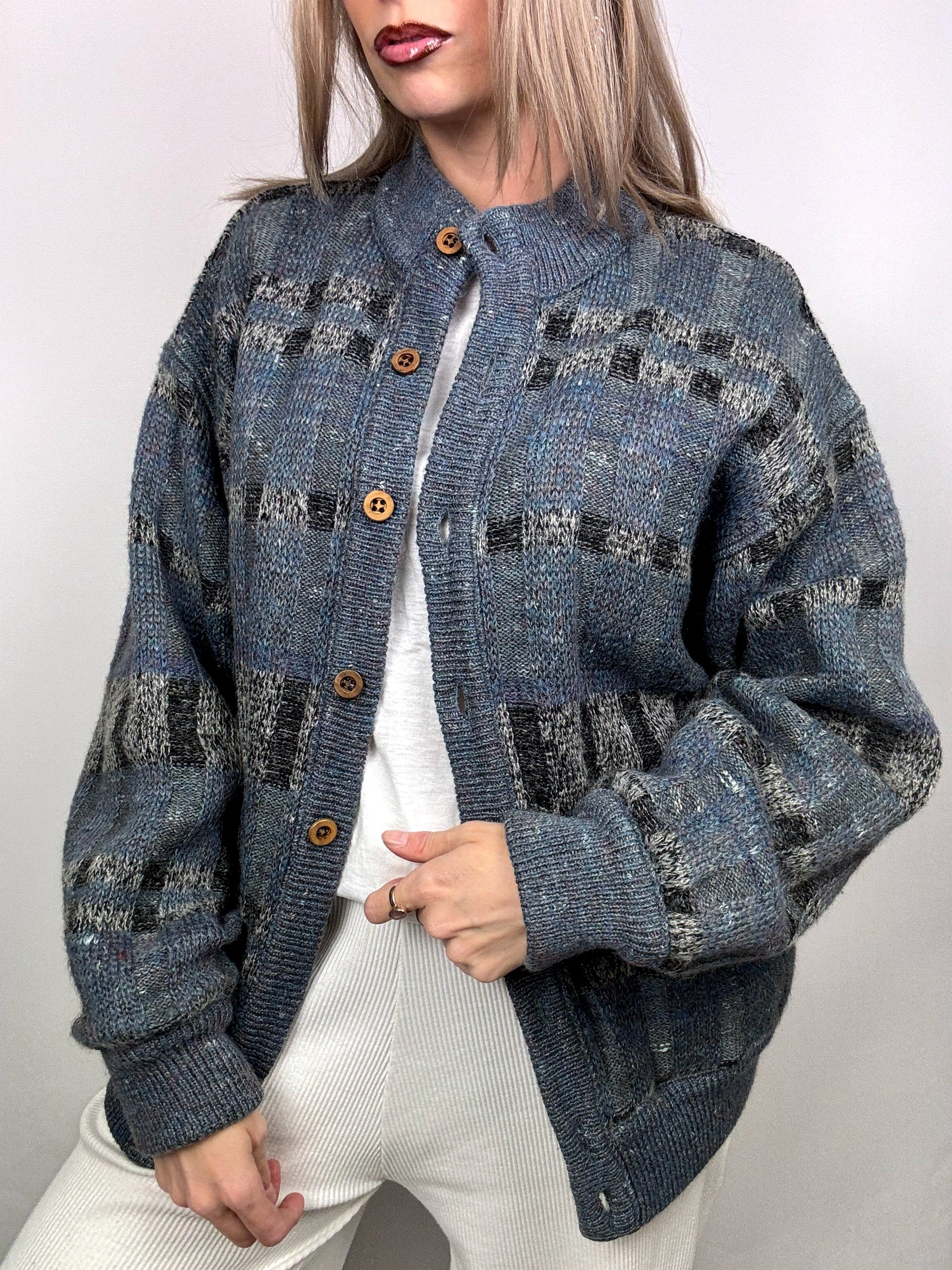 Bomber en laine Bleu/gris à motif XL vintage