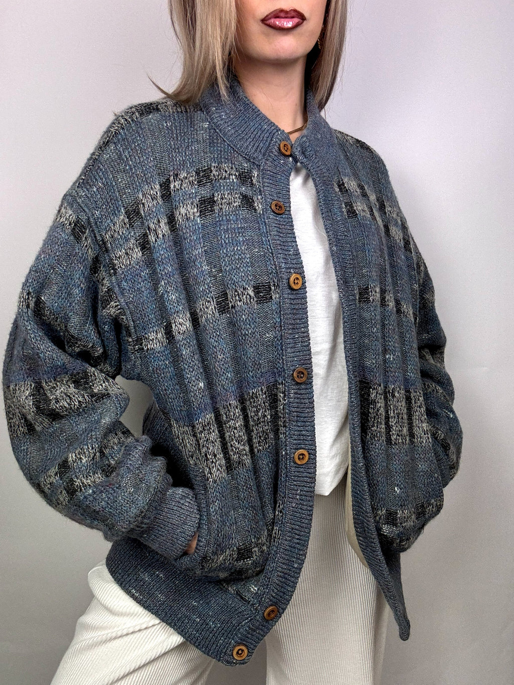 Blue/grey wool bomber jacket with vintage XL pattern