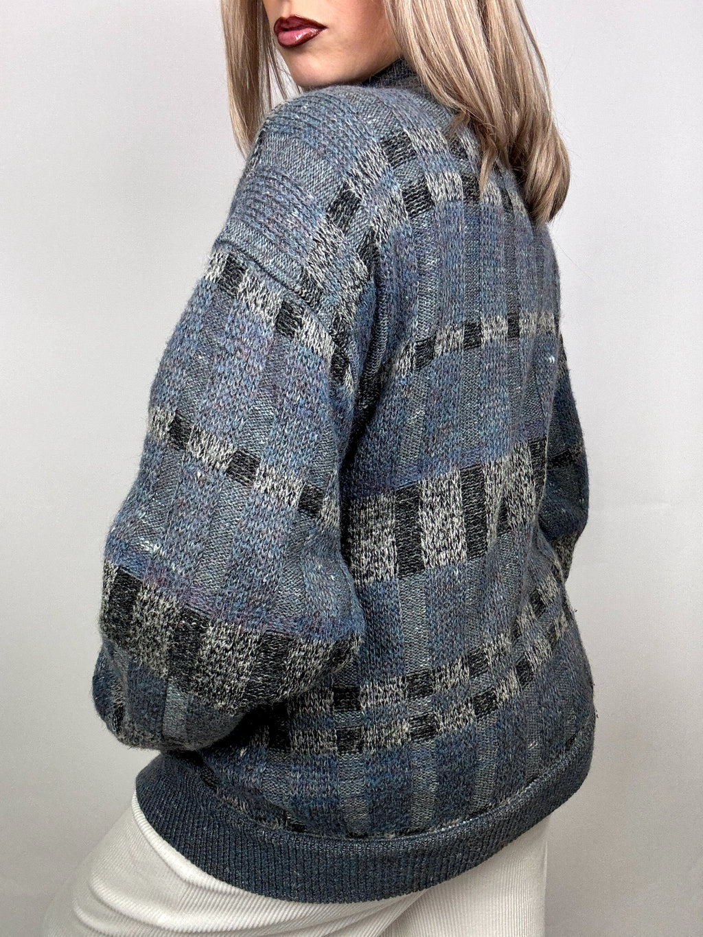 Blue/grey wool bomber jacket with vintage XL pattern