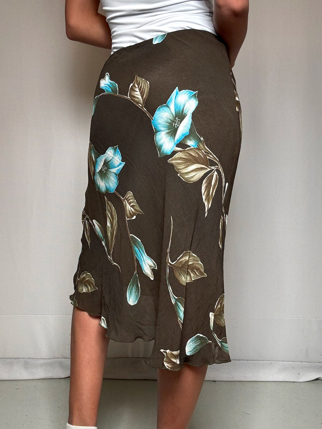 Jupe midi kaki à fleurs L vintage