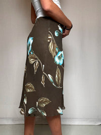 Jupe midi kaki à fleurs L vintage