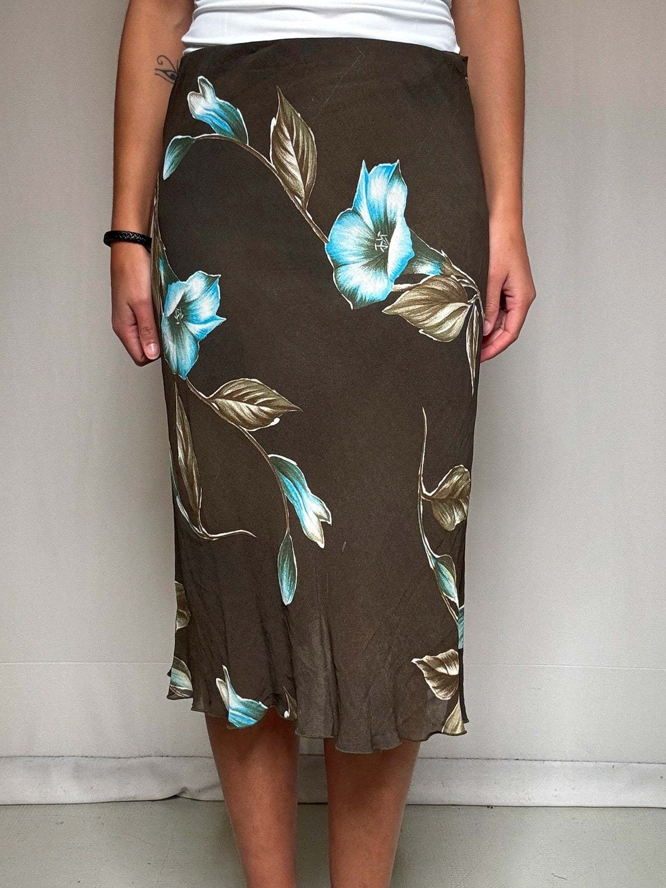 Jupe midi kaki à fleurs L vintage