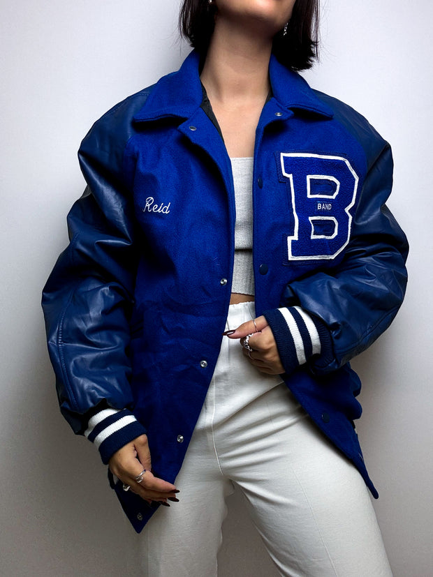 American blue leather and wool bomber jacket L 