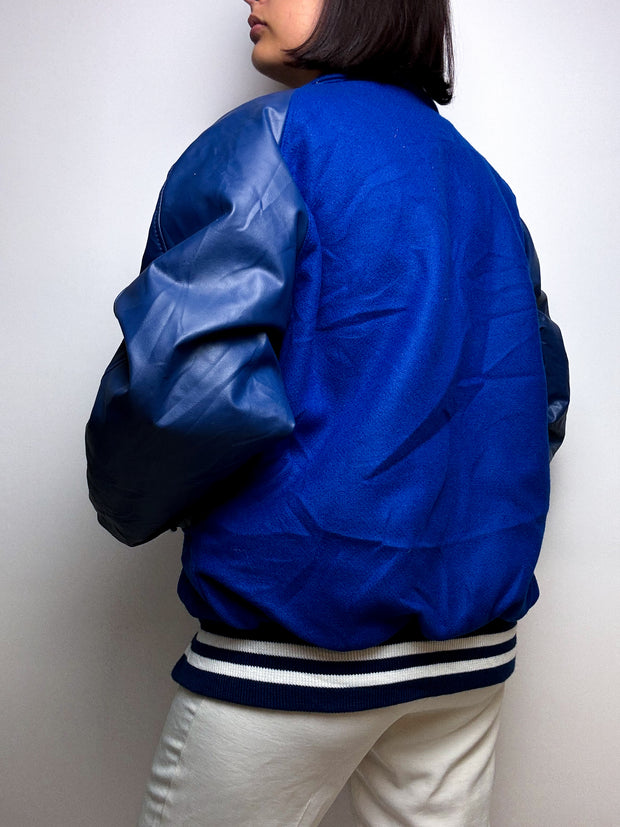American blue leather and wool bomber jacket L 