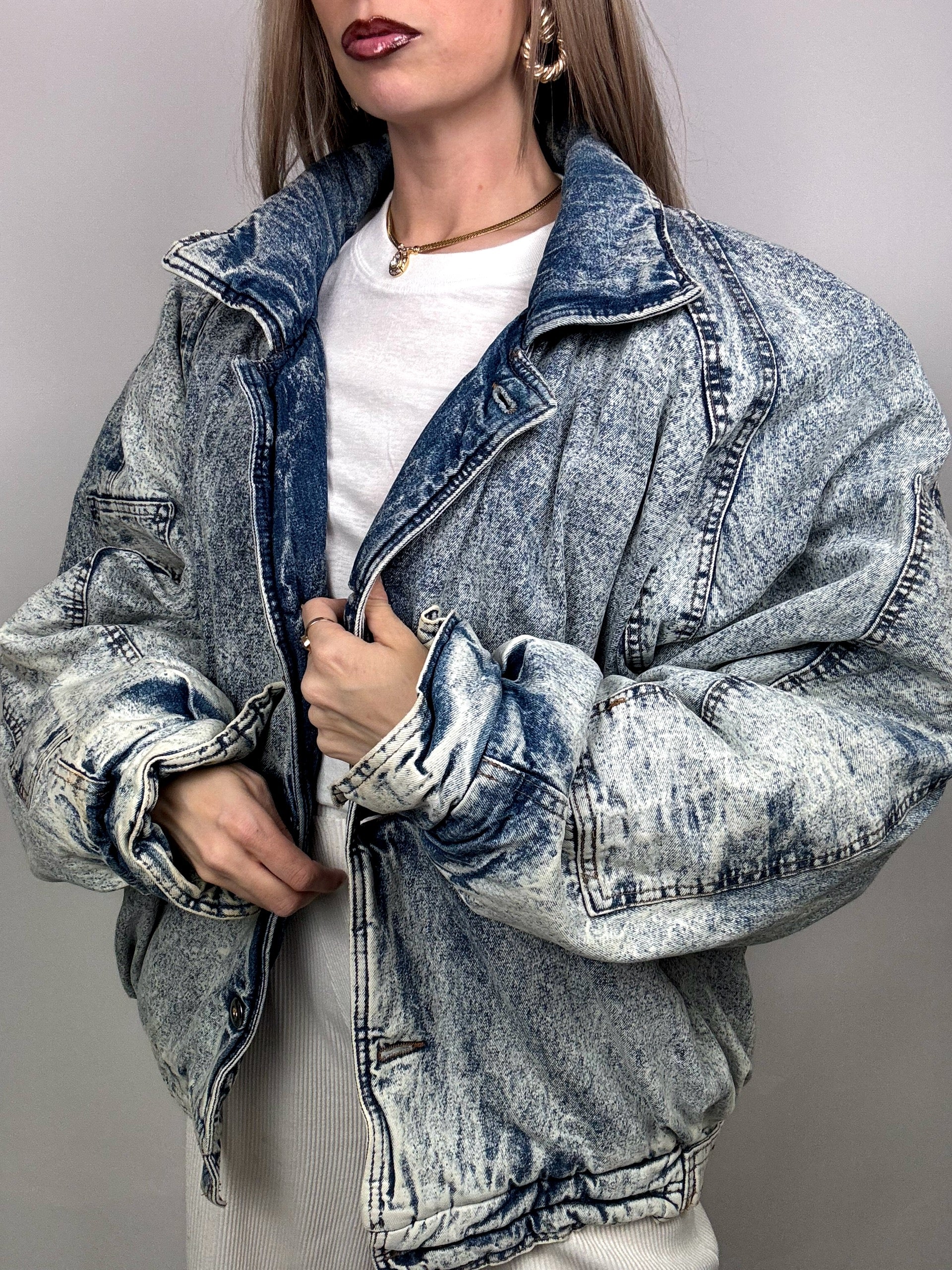 Vintage gewaschene gefütterte Jeansjacke L