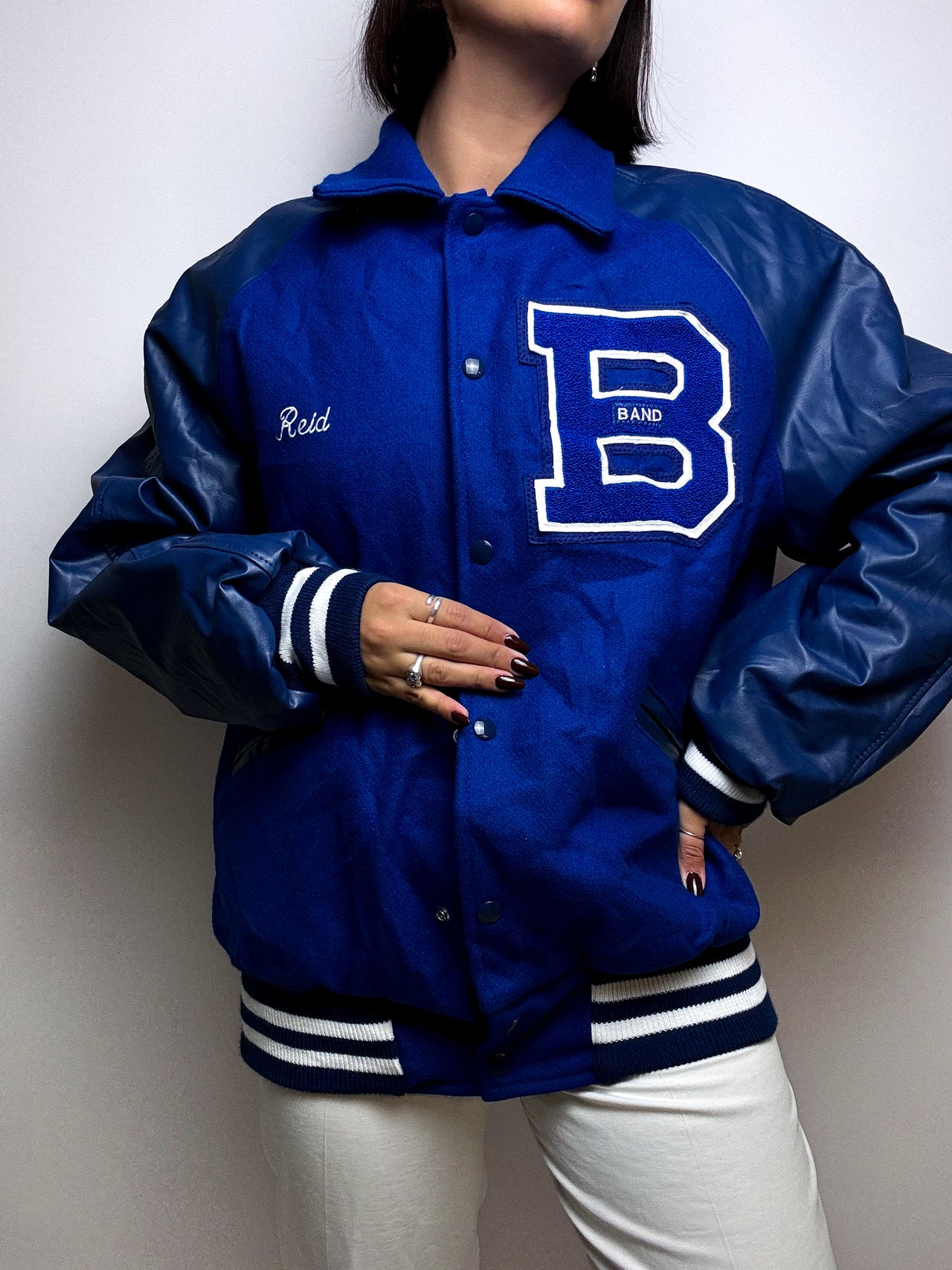 Bomber américain cuir et laine bleu L