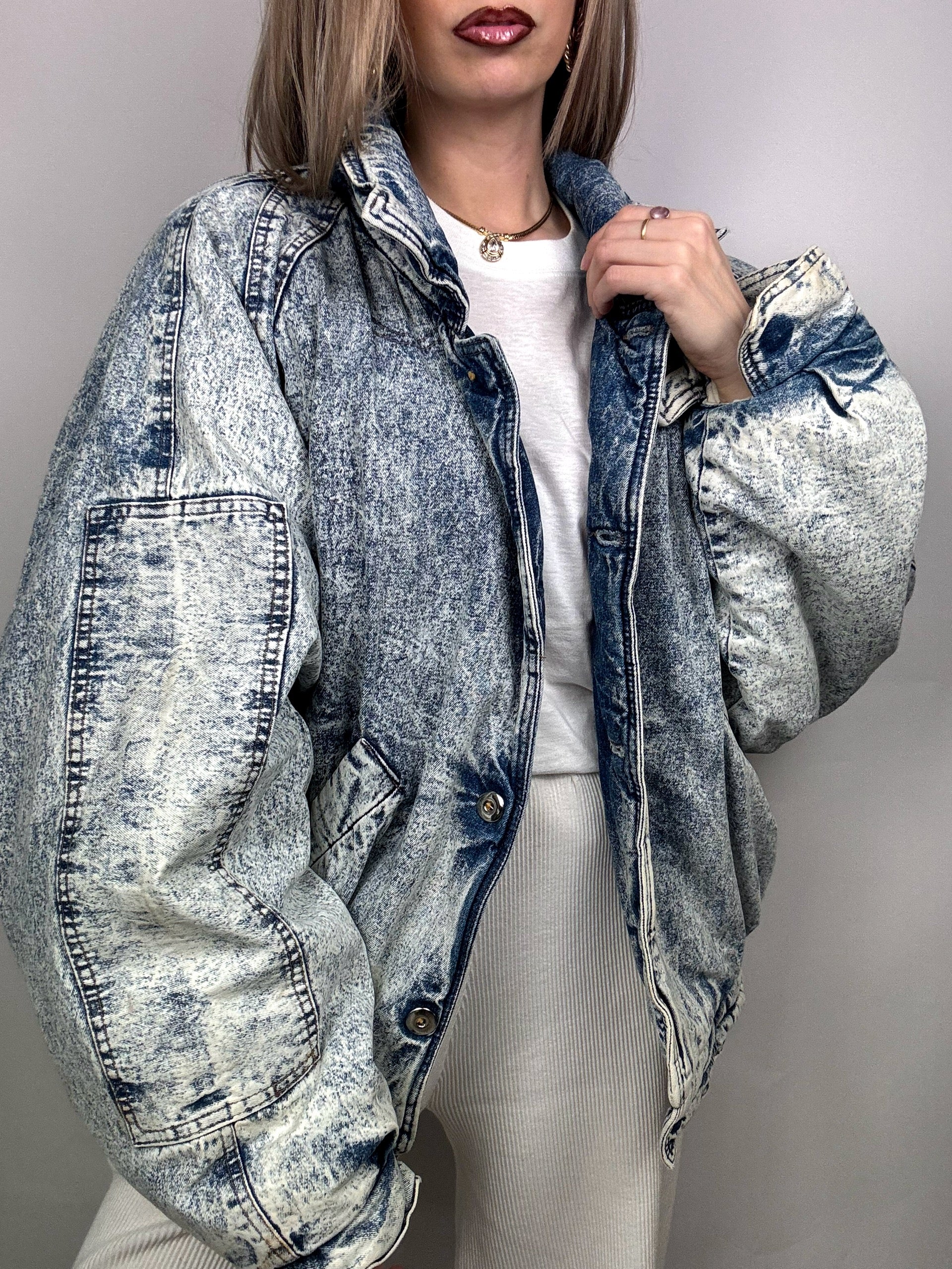Vintage gewaschene gefütterte Jeansjacke L