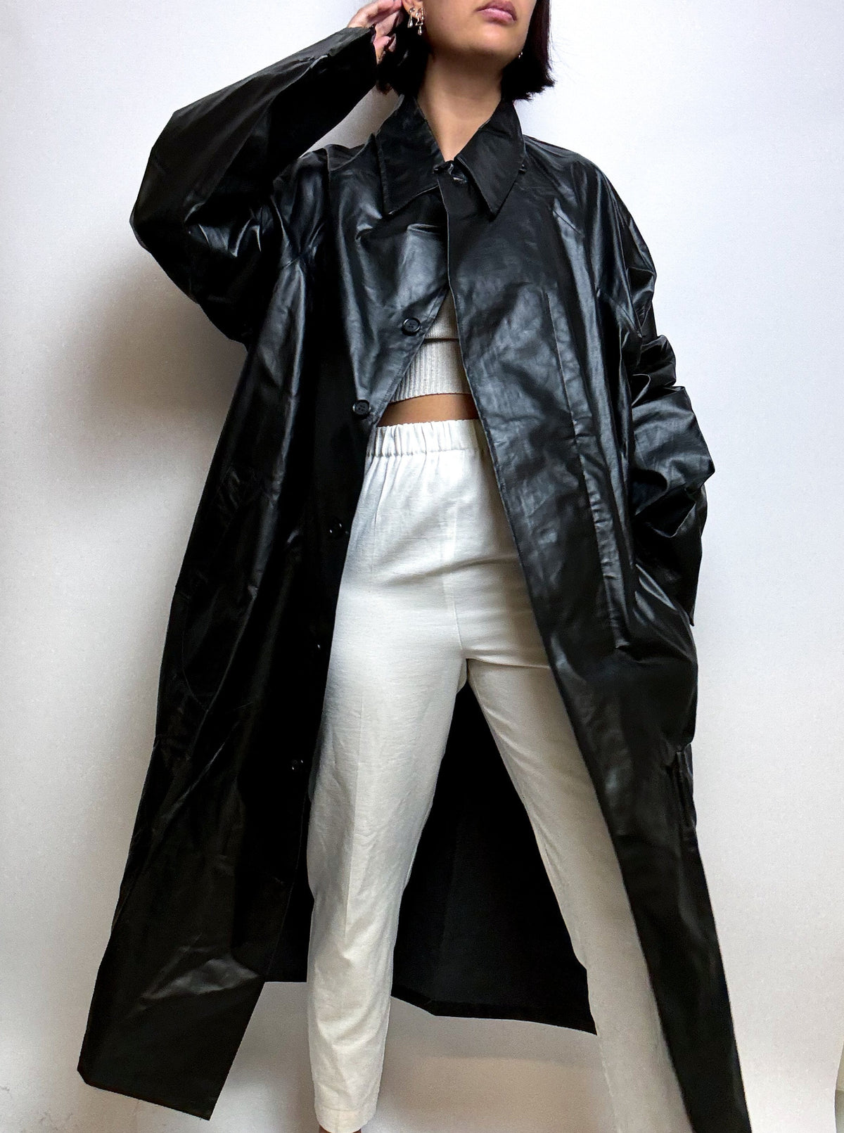 Shiny black waxed trench coat M/L