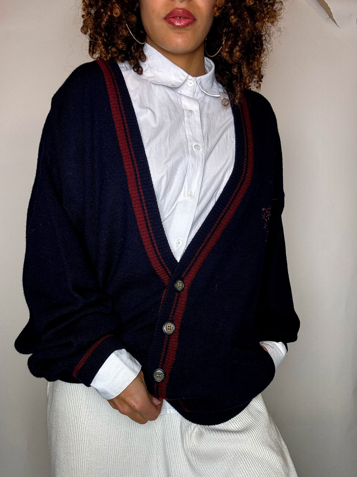 Marineblaue Cricket-Strickjacke, Größe L, Vintage