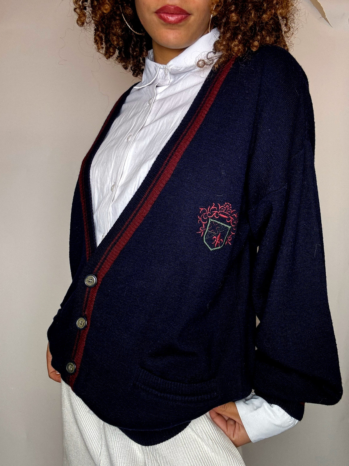 Marineblaue Cricket-Strickjacke, Größe L, Vintage