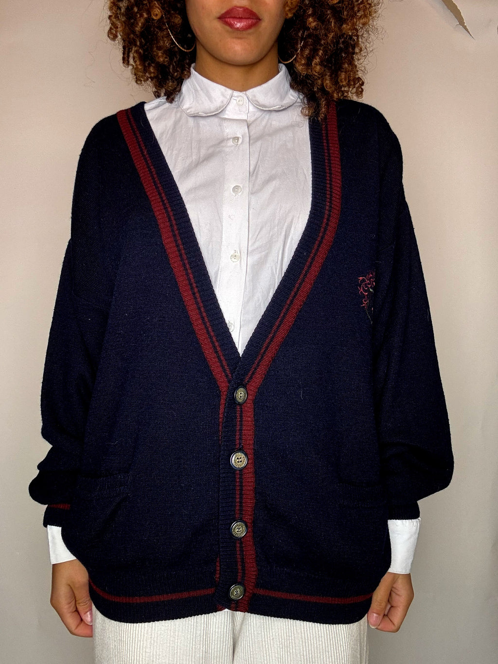 Marineblaue Cricket-Strickjacke, Größe L, Vintage