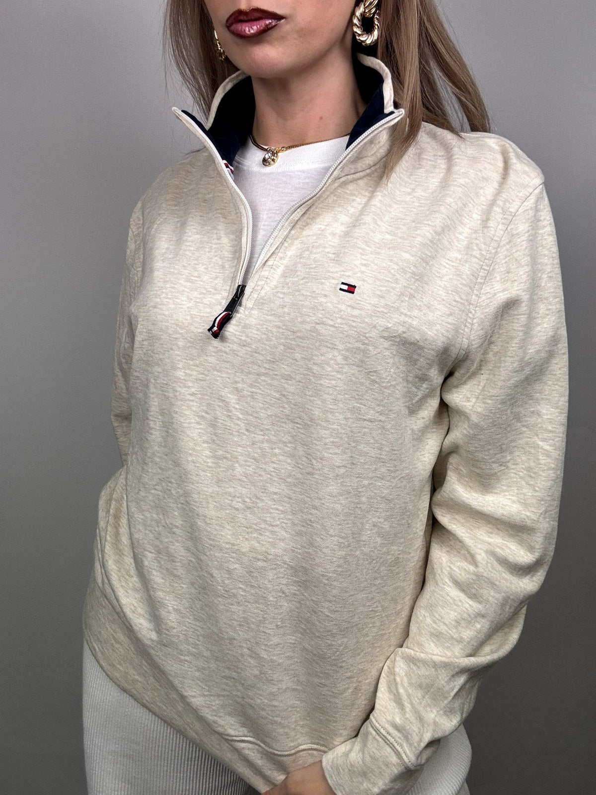TOMMY HILFIGER M vintage beige zip-neck fine sweater