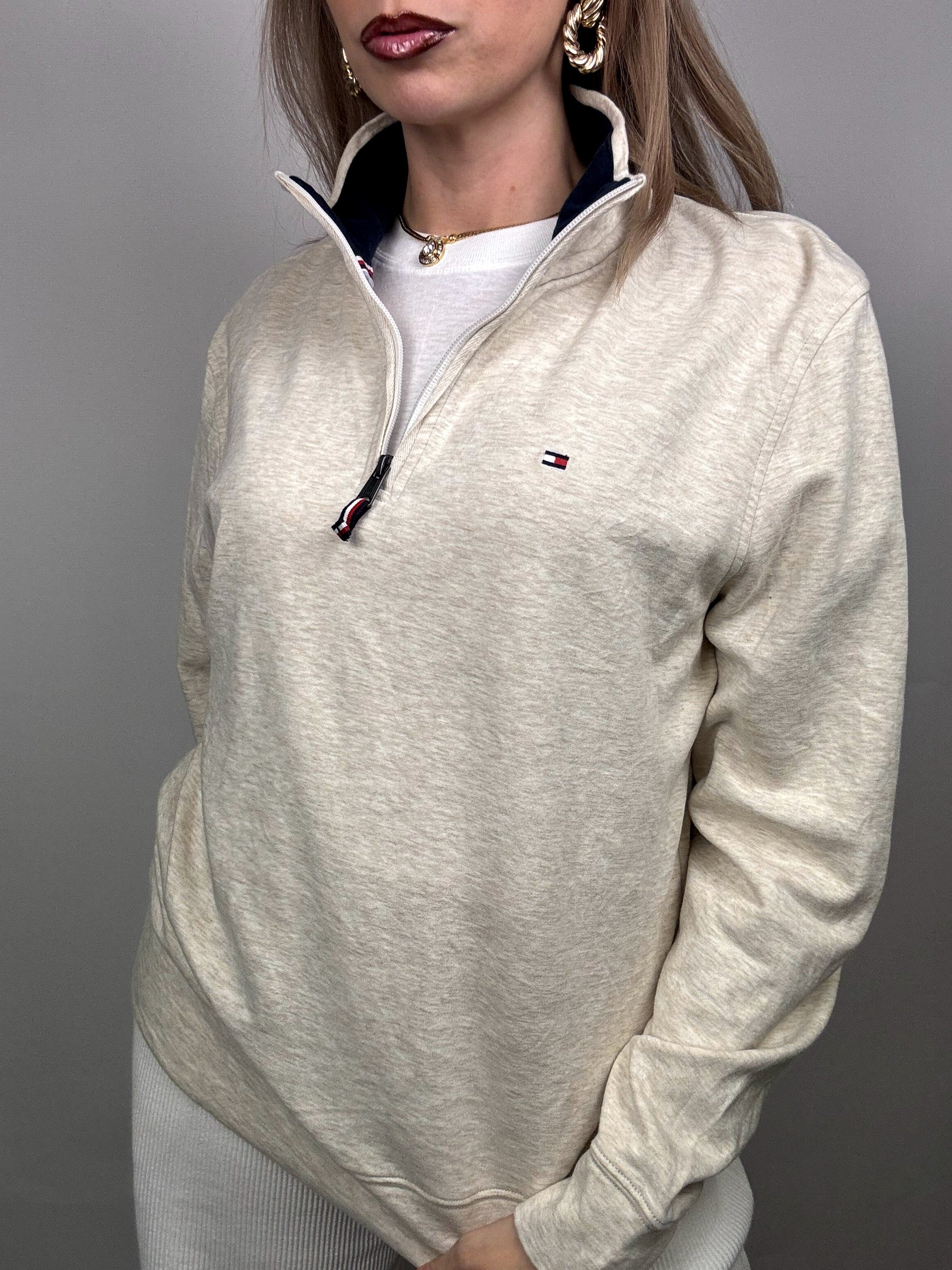 TOMMY HILFIGER M vintage beige zip-neck fine sweater