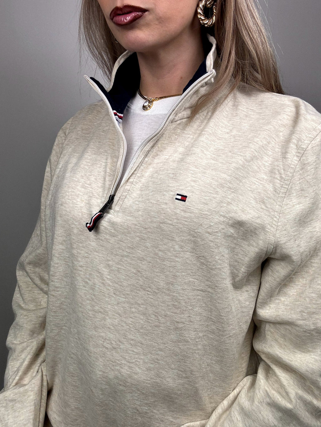 TOMMY HILFIGER M vintage beige zip-neck fine sweater