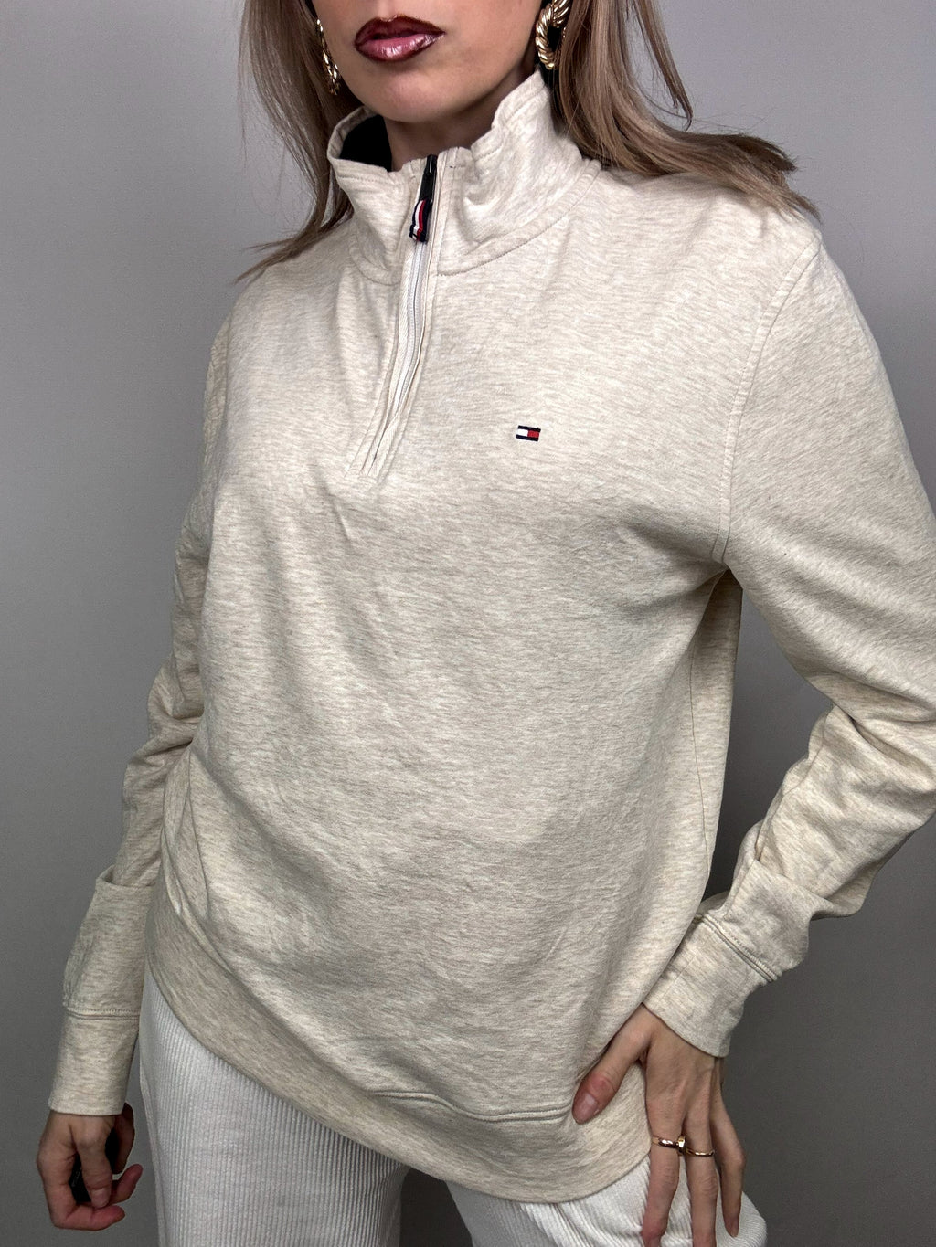 TOMMY HILFIGER M vintage beige zip-neck fine sweater