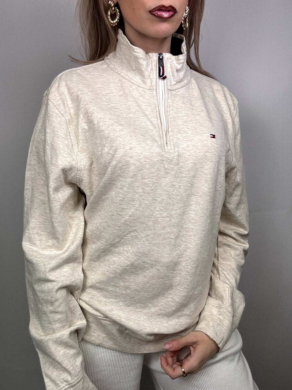 TOMMY HILFIGER M vintage beige zip-neck fine sweater