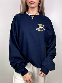 Blaues Sweatshirt mit Rundhalsausschnitt und Vintage-Grafiken in M/L