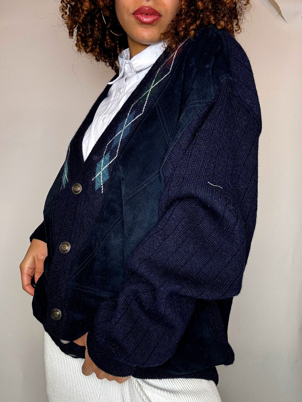 Vintage navy XL mixed-material cardigan