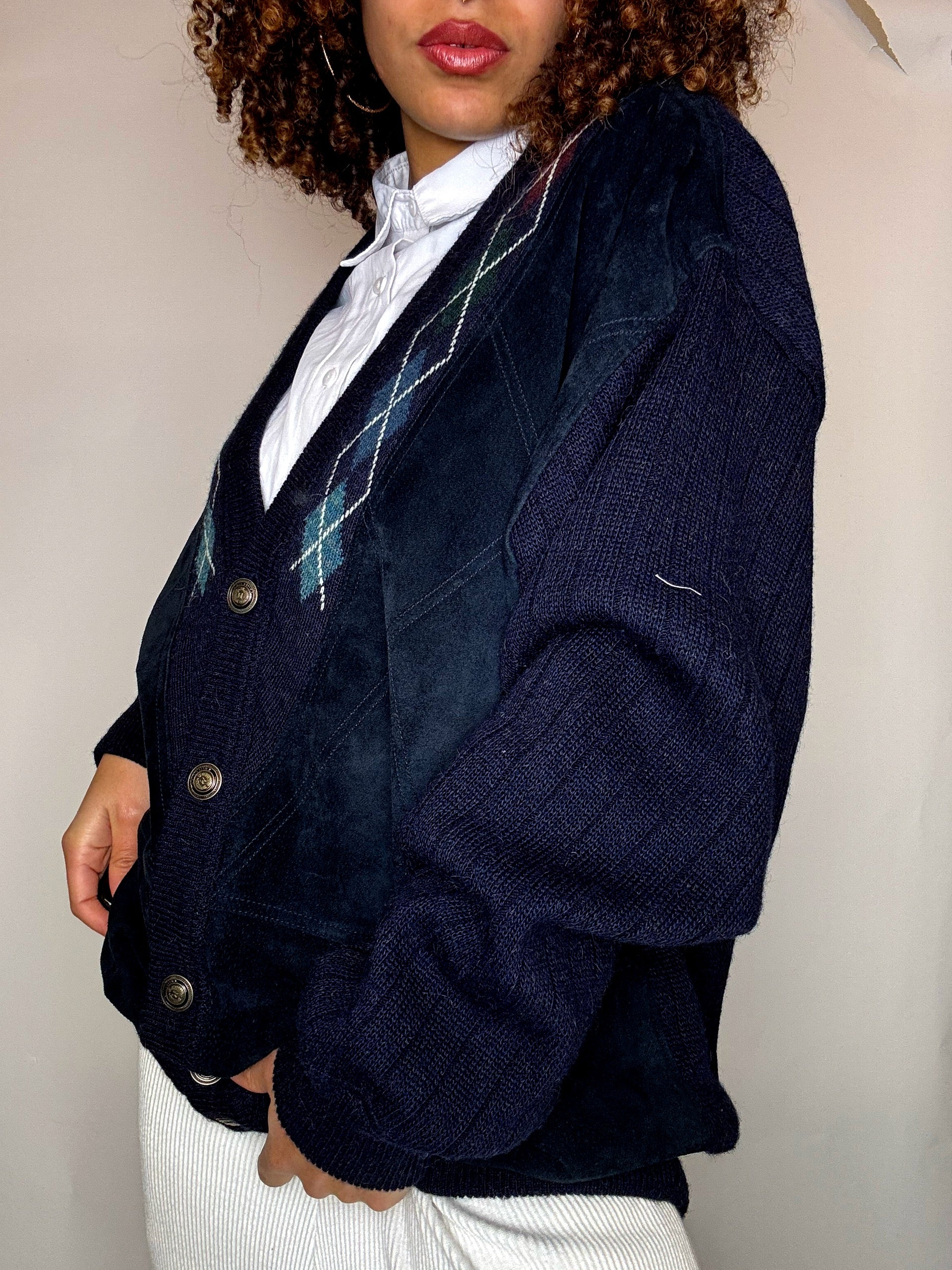 Cardigan bi-matère marine XL vintage