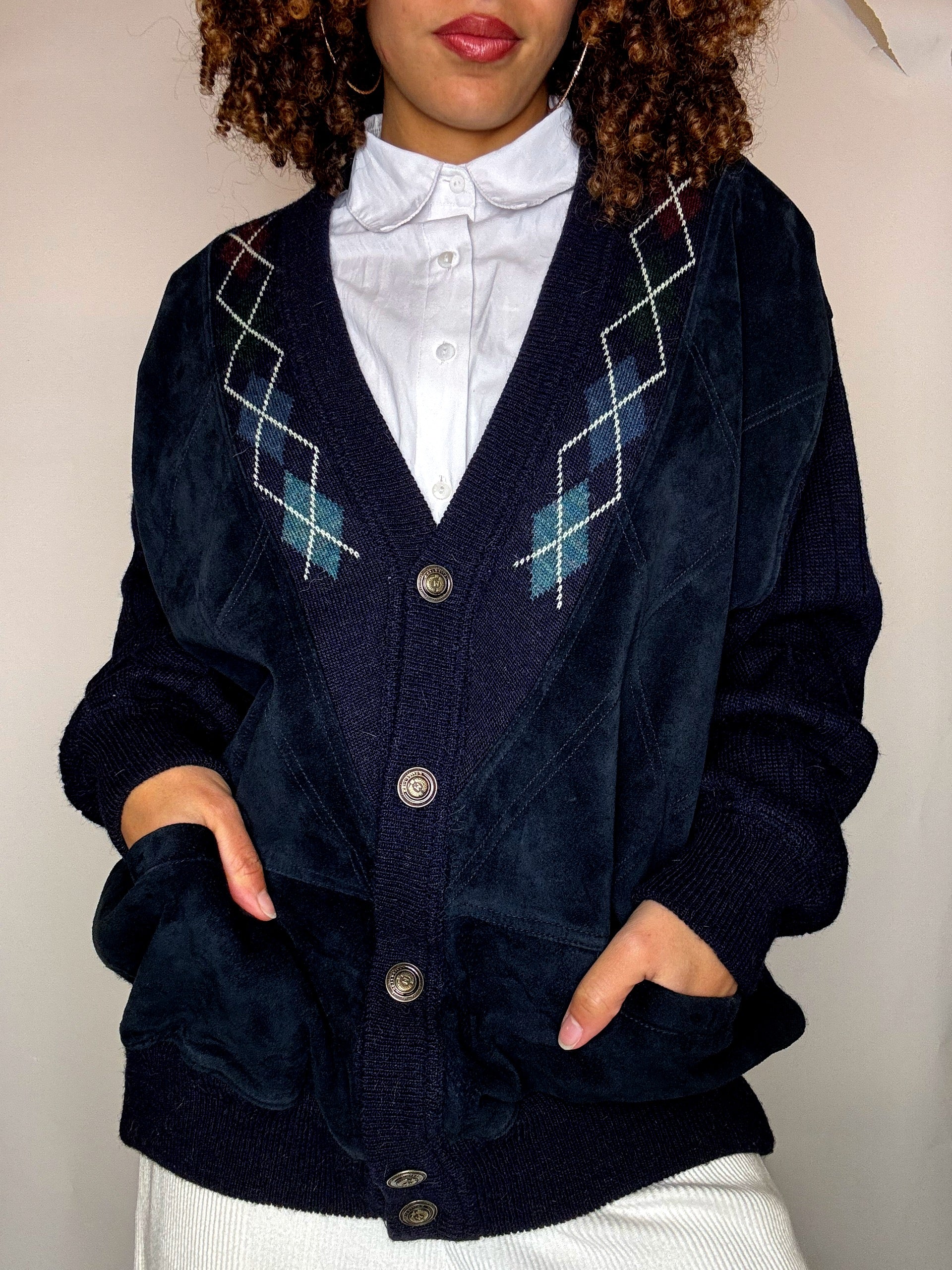 Cardigan bi-matère marine XL vintage