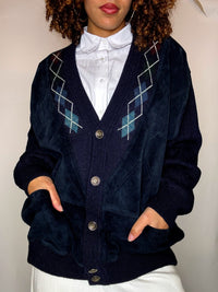 Vintage navy XL mixed-material cardigan