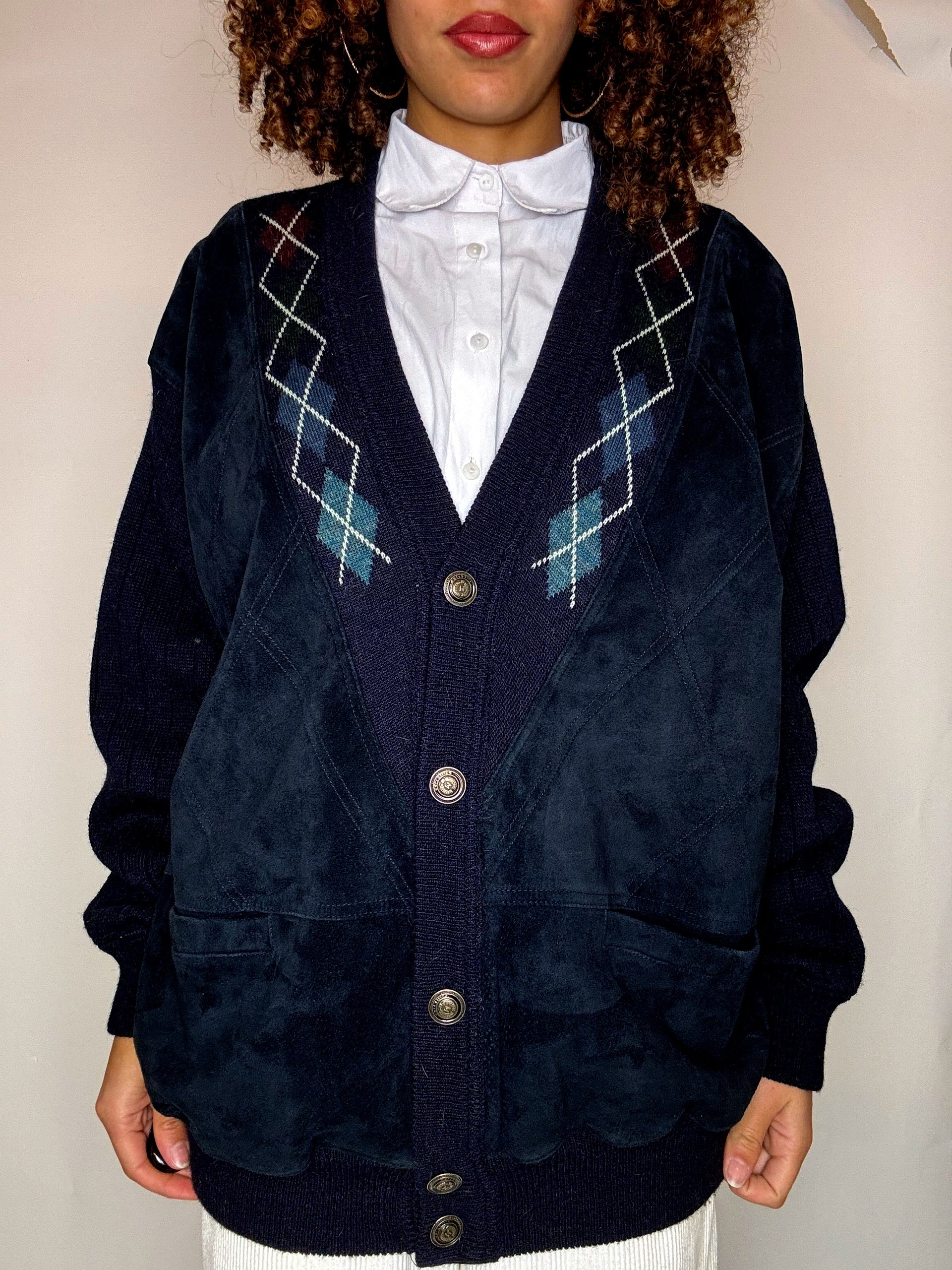Vintage navy XL mixed-material cardigan