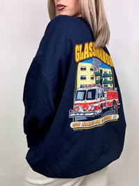Blaues Sweatshirt mit Rundhalsausschnitt und Vintage-Grafiken in M/L
