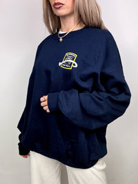 Blaues Sweatshirt mit Rundhalsausschnitt und Vintage-Grafiken in M/L