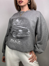 Graues Sweatshirt mit Rundhalsausschnitt und Vintage-Grafiken in M/L