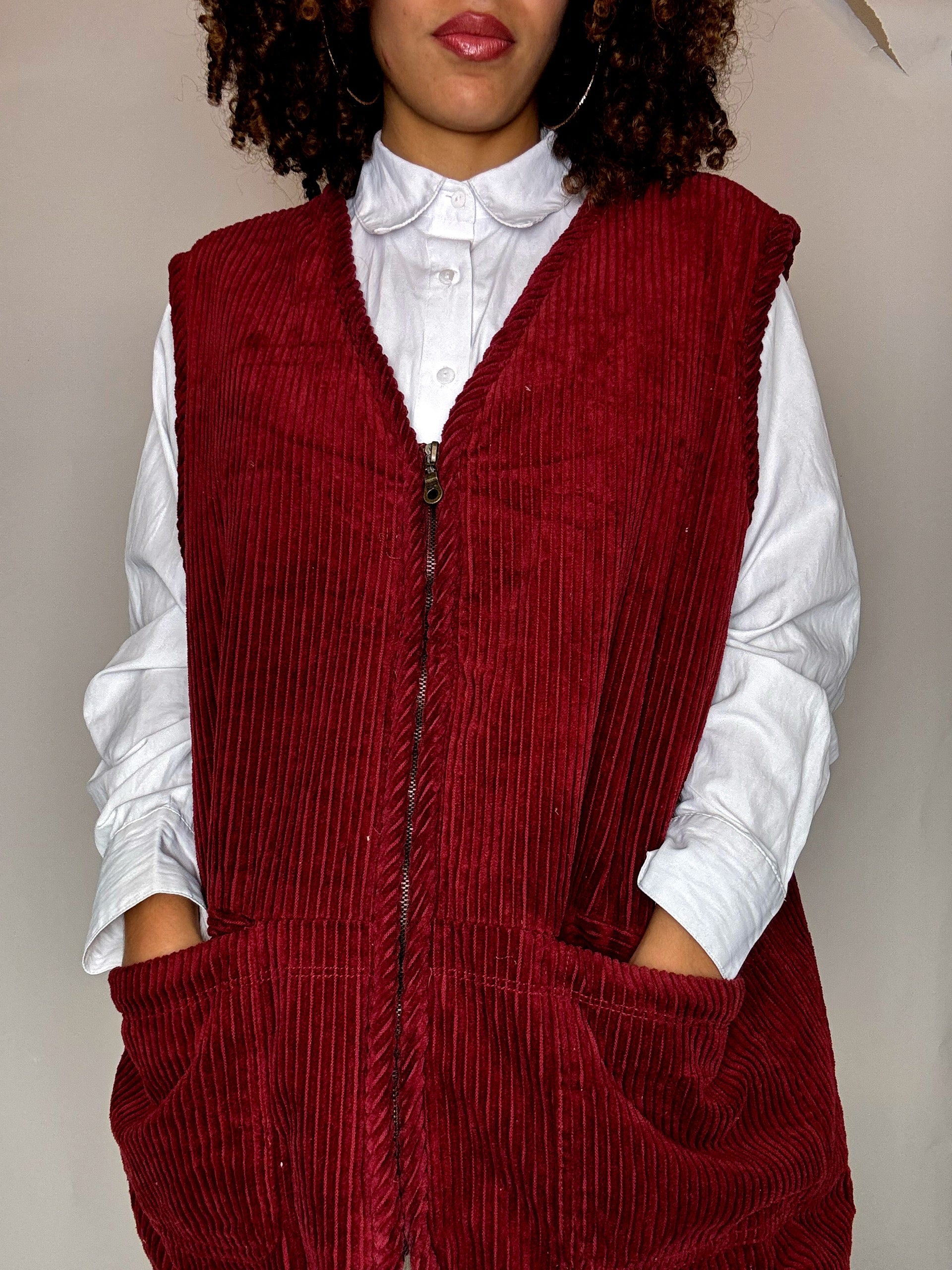 Gilet doublé en velours côtelé bordeaux M vintage