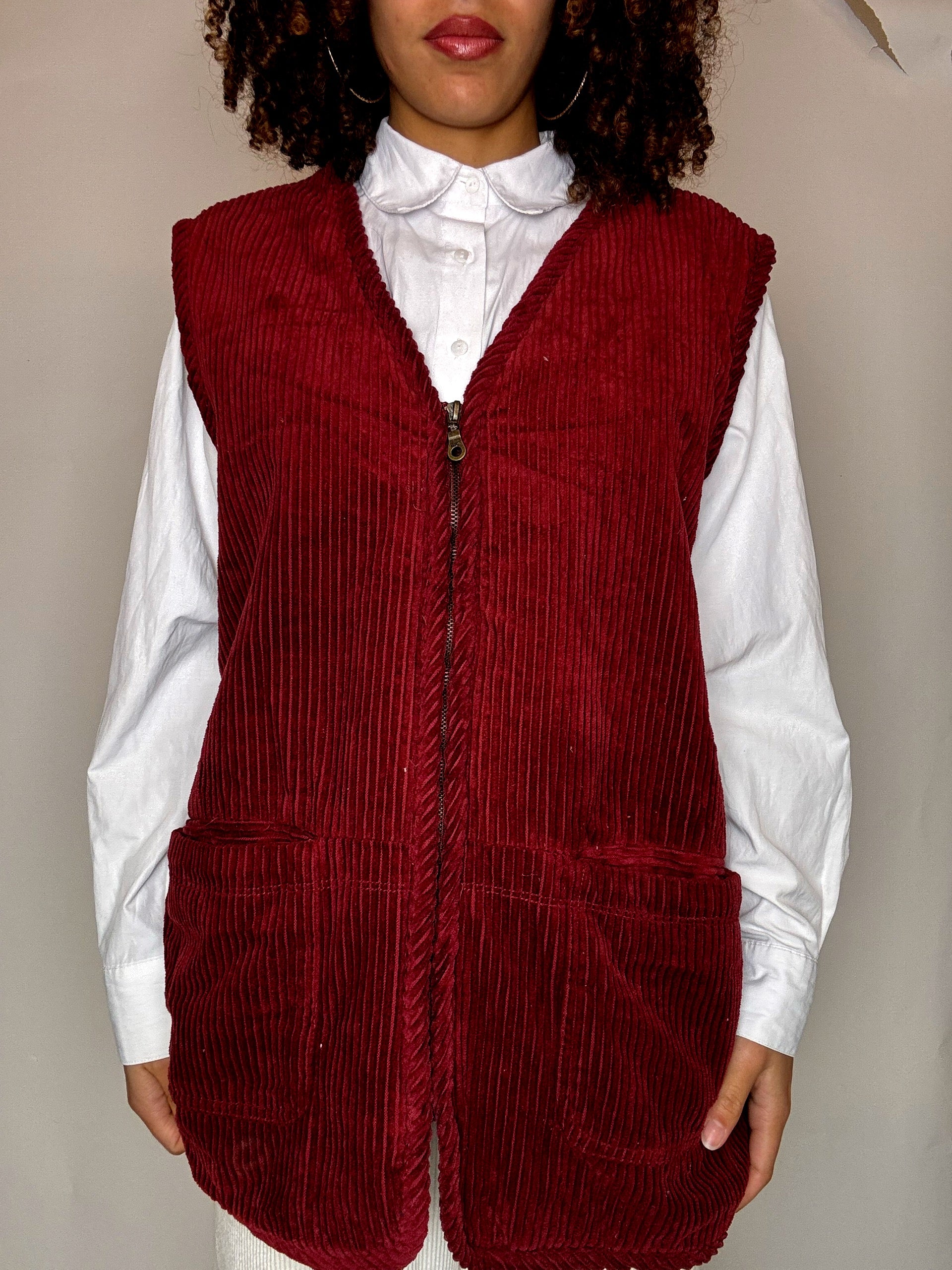 Gilet doublé en velours côtelé bordeaux M vintage