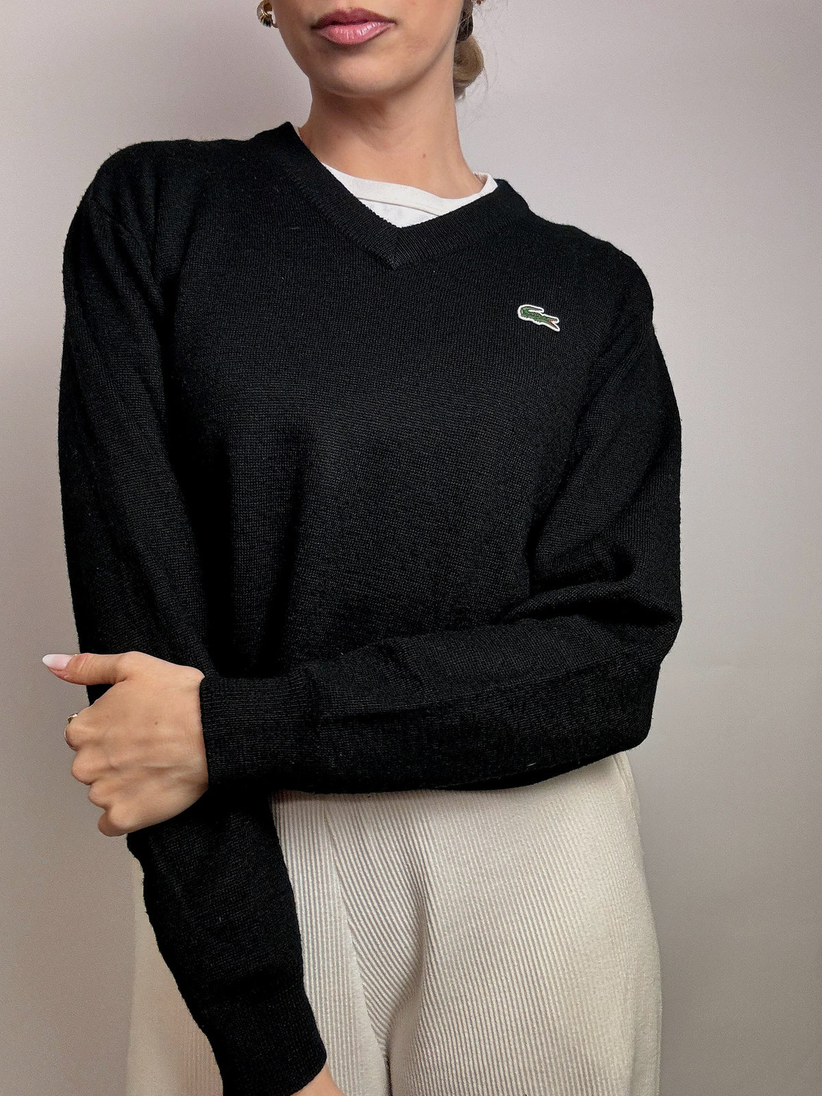 LACOSTE S vintage black V-neck wool sweater