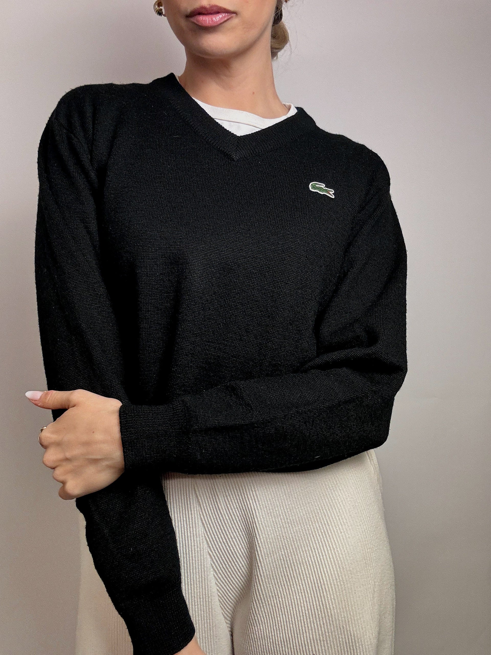 LACOSTE S vintage black V-neck wool sweater