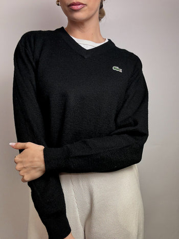 Pull en laine col V noir LACOSTE S vintage