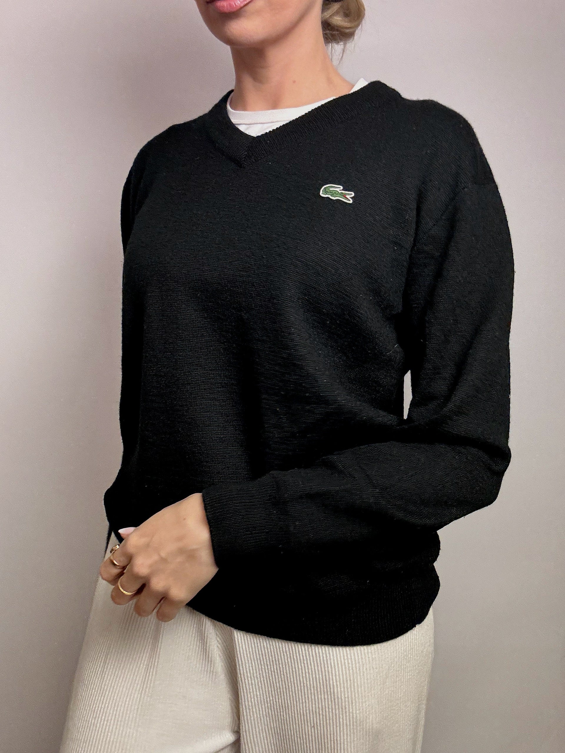 LACOSTE S vintage black V-neck wool sweater