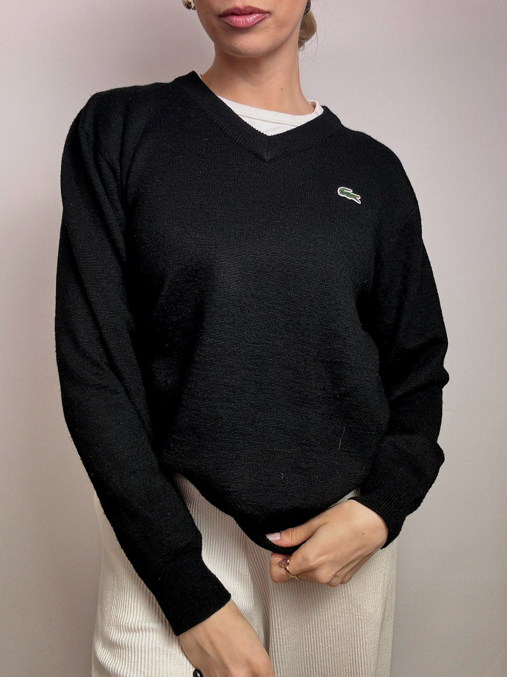LACOSTE S vintage black V-neck wool sweater