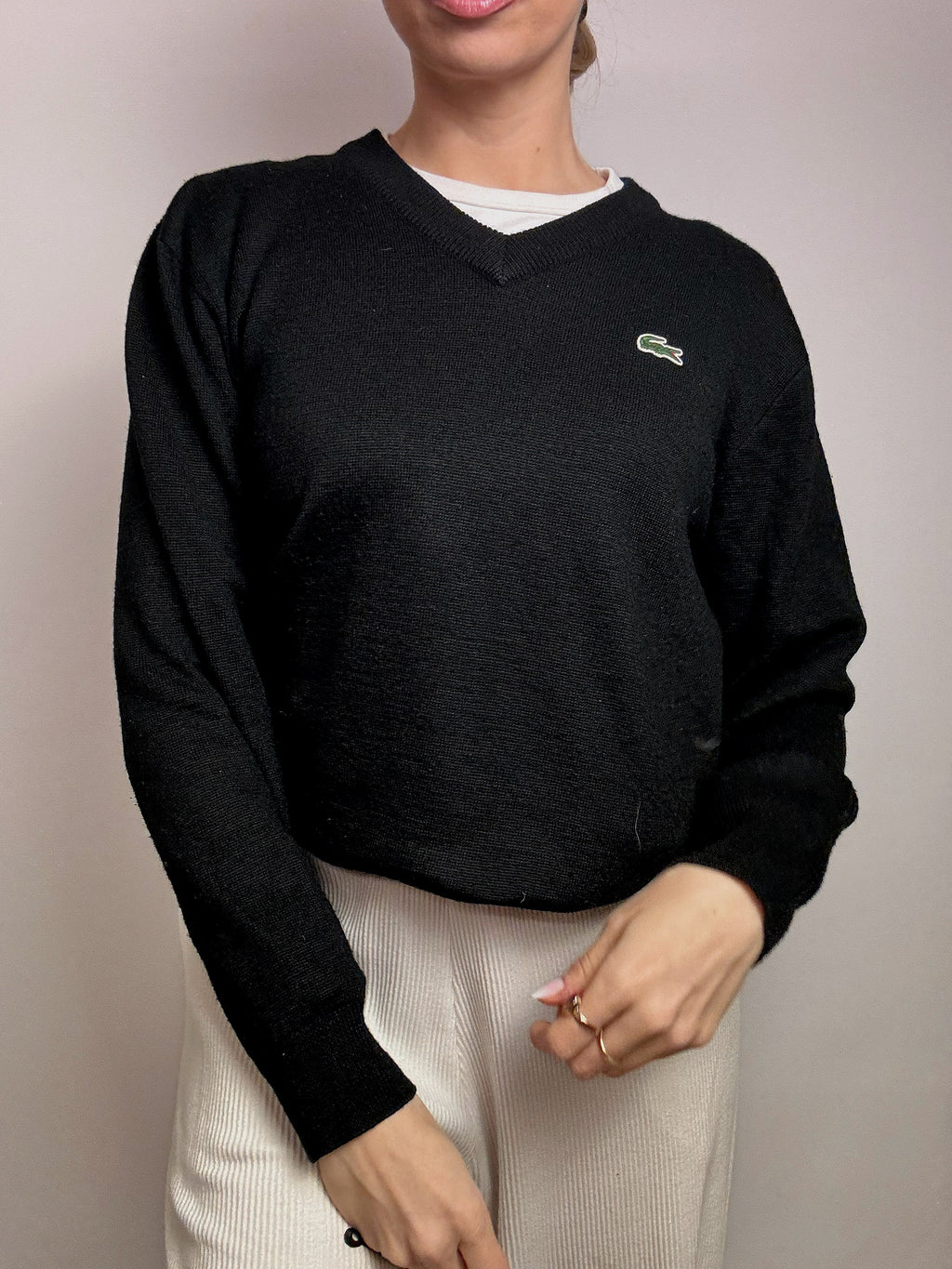 LACOSTE S vintage black V-neck wool sweater